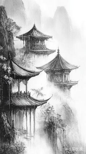 雨天中的亭台楼阁美景
