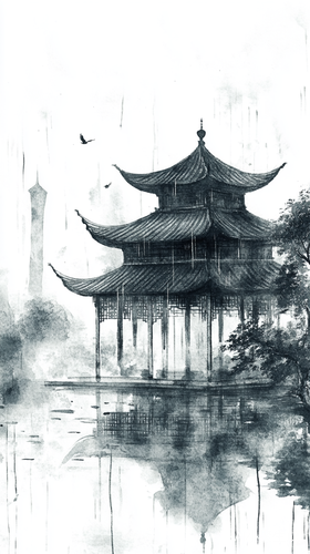 雨天中的亭台楼阁美景