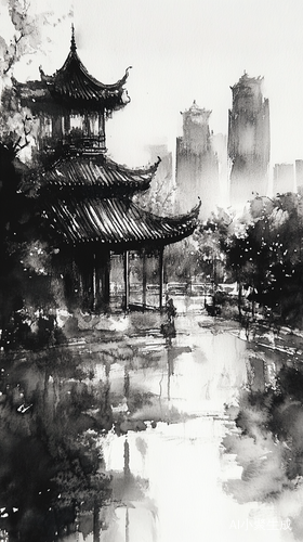 雨天中的亭台楼阁美景