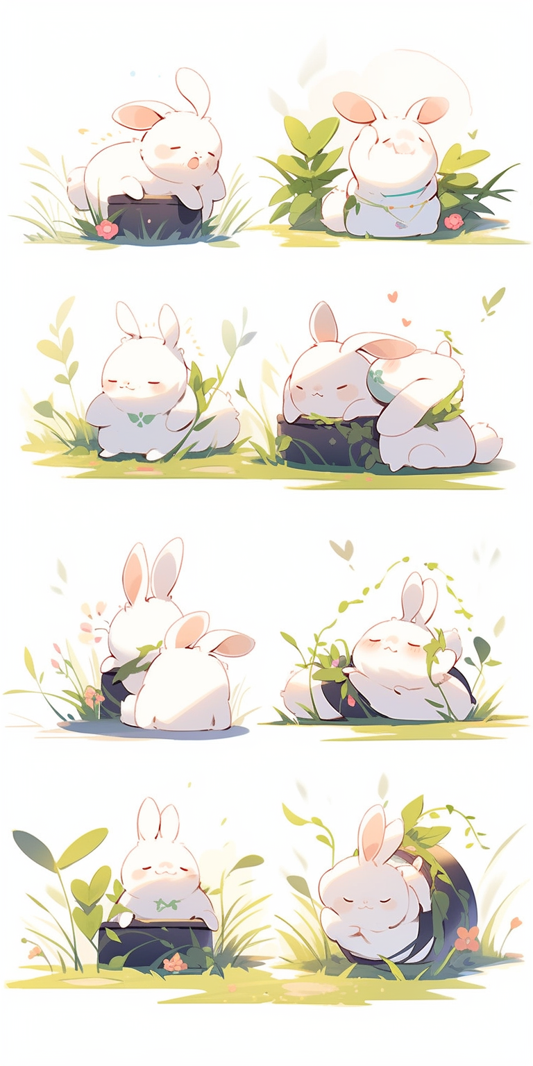 春天草地中的兔子活泼可爱的多样表情与动作