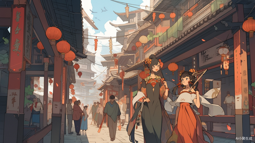 热闹古镇中的中国情侣漫画风格