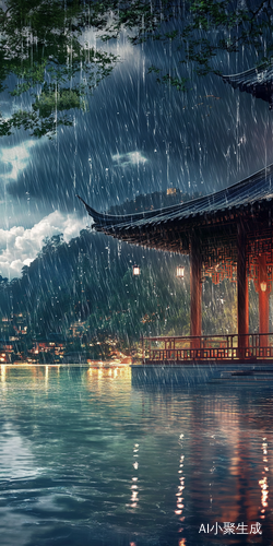 雨中亭子与湖面的交响曲