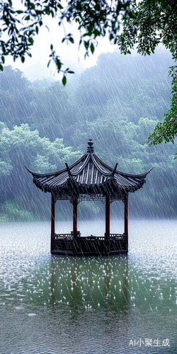 雨中亭子与湖面的交响曲