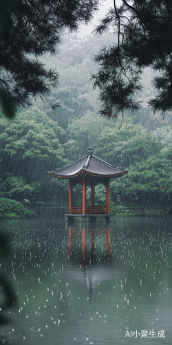 雨中亭子与湖面的交响曲