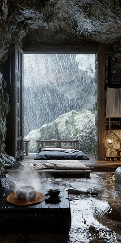 山间石洞的禅意石屋与雨中美景