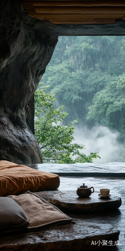 山间石洞的禅意石屋与雨中美景