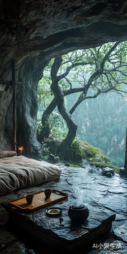 山间石洞的禅意石屋与雨中美景