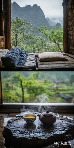 山间石洞的禅意石屋与雨中美景