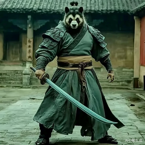 身穿古代铠甲的熊猫练刀法模仿关羽