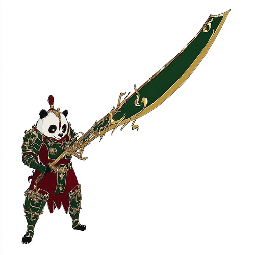 身穿古代铠甲的熊猫在练武场耍青龙偃月刀
