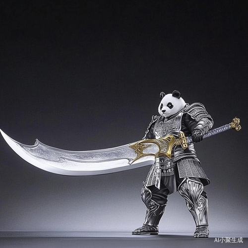 身穿古代铠甲的熊猫在练武场耍青龙偃月刀