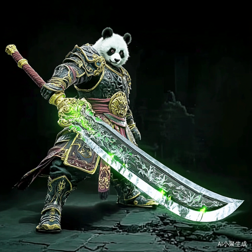 身穿古代铠甲的熊猫在练武场耍青龙偃月刀