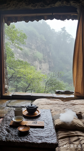 山间石洞中的禅意居所与雨中美景