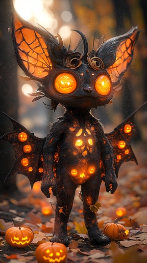 Amazing Halloween costume, a whimsical creature with bright colors, delicate details and playful patterns, with large expressive eyes, adorned with weird accessories such as bat wings and pumpkin-shaped patterns to create a festive vibe and fallen leaves with glowing jack-o '-lanterns, (best quality, 8k, high resolution, masterpiece: 1.2), ultra-detailed, (realistic, realistic: 1.37), concept art, bright orange and black color scheme, dramatic lighting