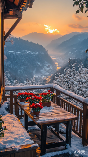 江西山区冬季雪景和温暖日落下的花朵