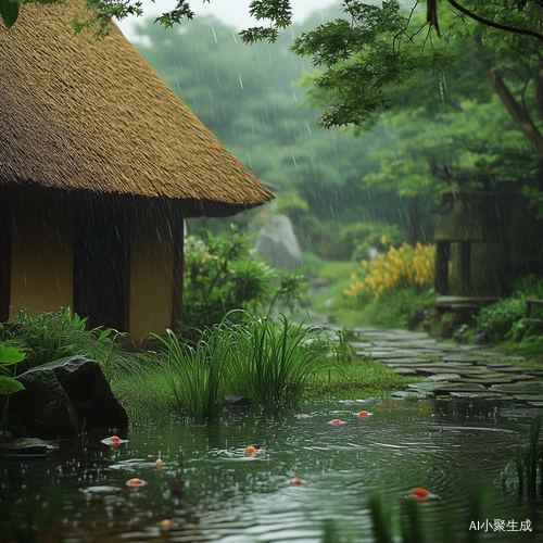茅草屋下雨中小鱼翩翩起舞的宁静池塘