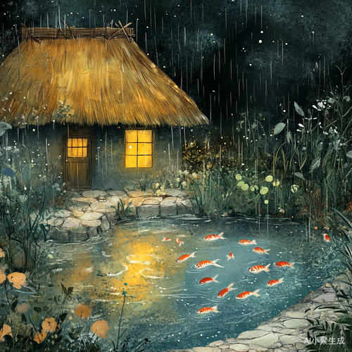 茅草屋下雨中小鱼翩翩起舞的宁静池塘