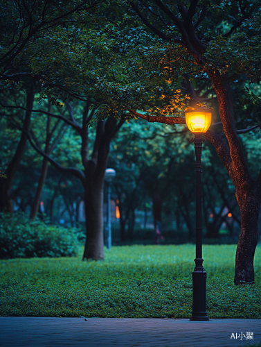 夜晚路灯照亮宁静街道树木草坪的高清摄影