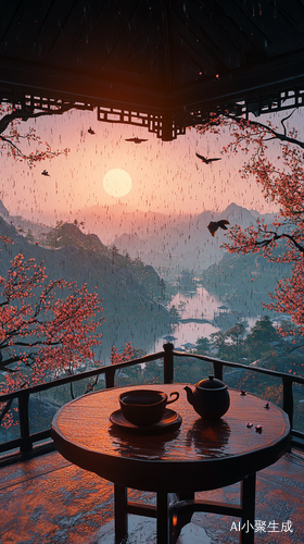 山中亭阁雨中茶香与夕阳美景