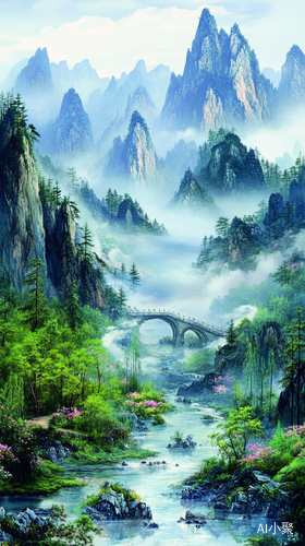 壮丽山水画展现和谐自然风景