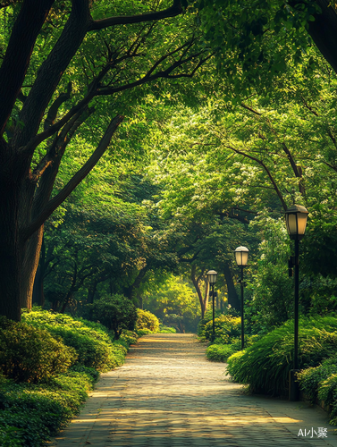 公园小路明亮路灯与绿树成荫的美景