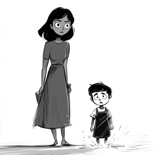 孩子打翻牛奶引发妈妈严肃表情的画面