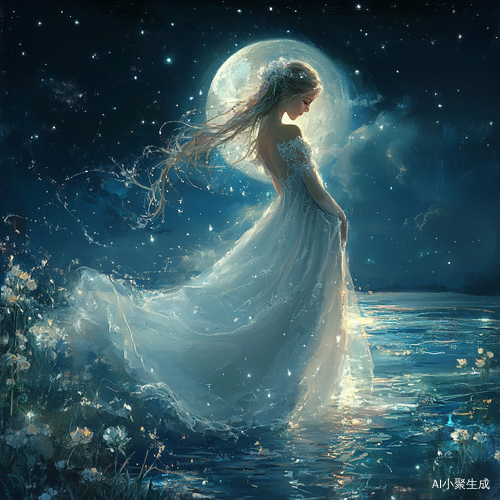 月下优雅女子与梦幻湖面下的银月夜景