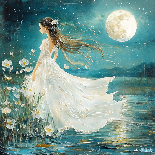 月下优雅女子与梦幻湖面下的银月夜景