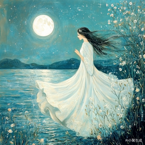 月下优雅女子与梦幻湖面下的银月夜景