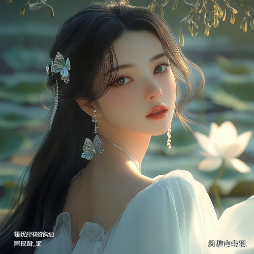 夏季天青色汉服襦裙美丽女子荷塘边风景