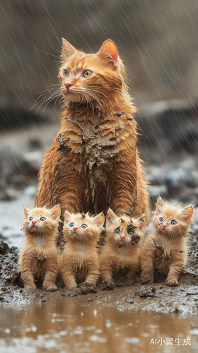 暴雨中的橘色猫妈妈与六只泥泞幼崽故事