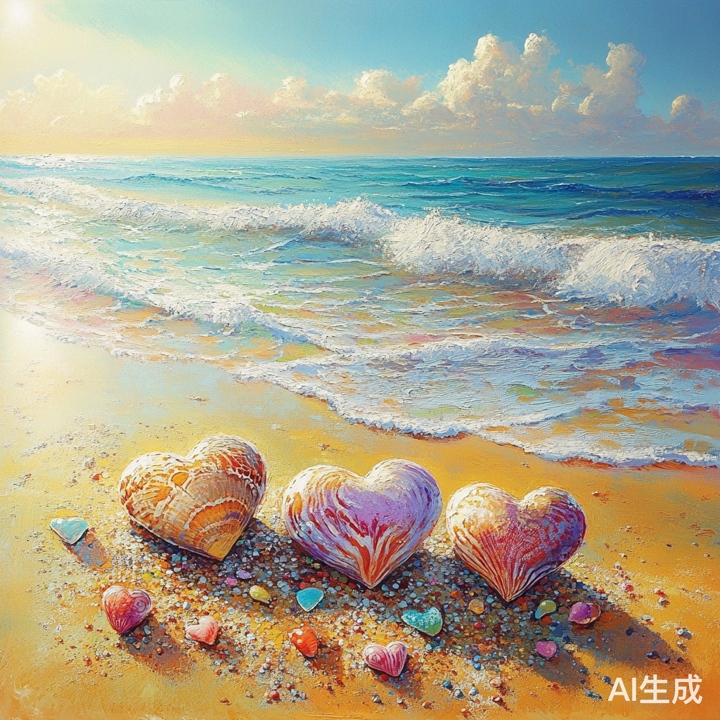五彩爱心装点金色沙滩与蔚蓝海洋