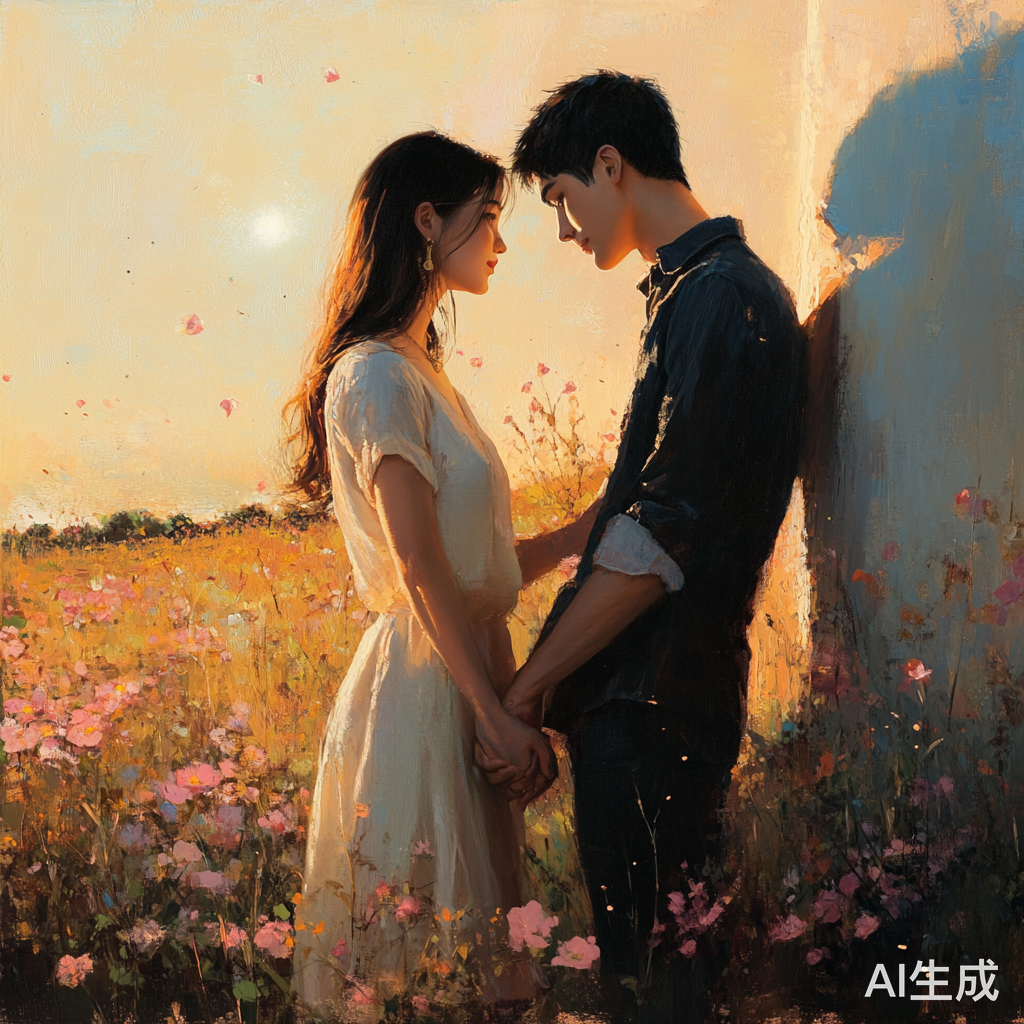 春天流星雨下手牵手的男女在花田旁