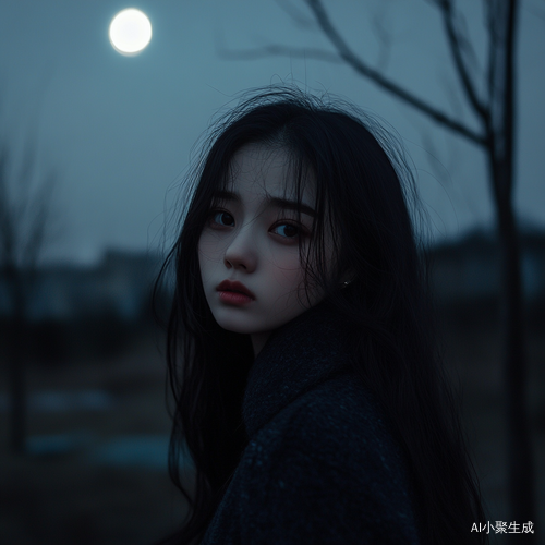 夜晚月光下孤独的黑发女孩
