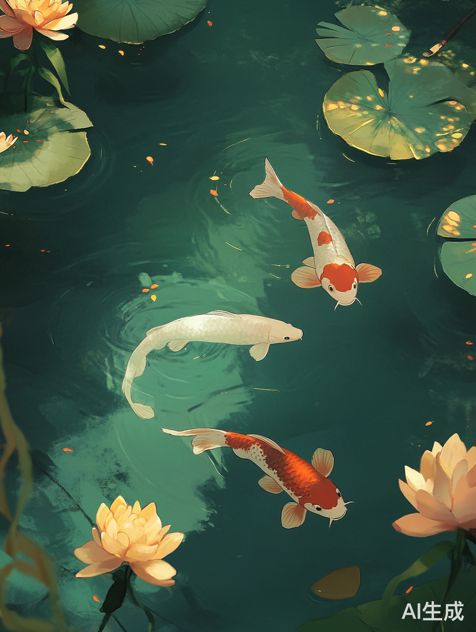 平静池塘中的小鲤鱼嬉戏