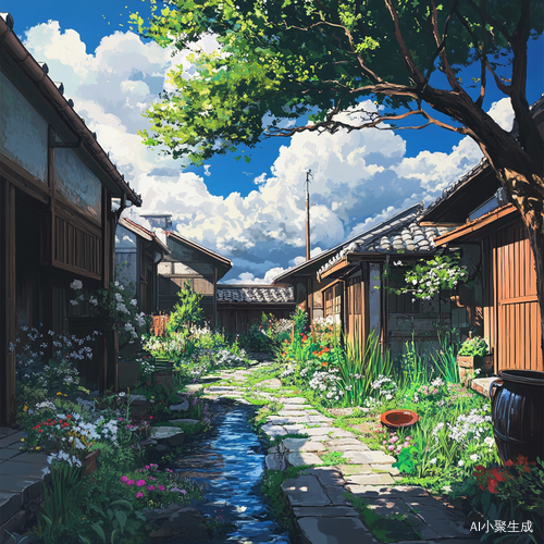 宫崎骏风格的蓝天白云绿草庭院画面