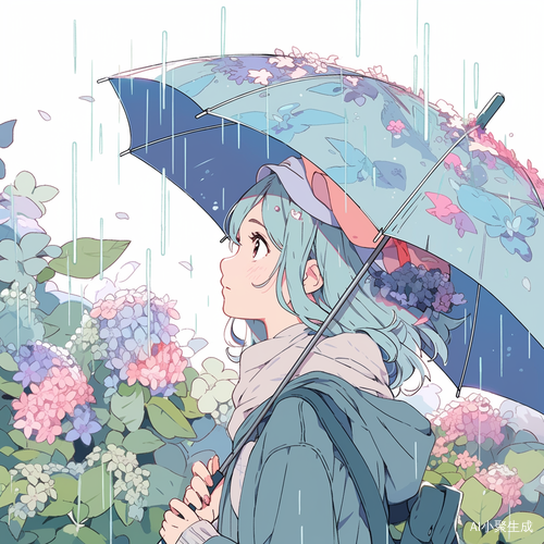 雨中女孩坐在花坛仰望天空不打伞