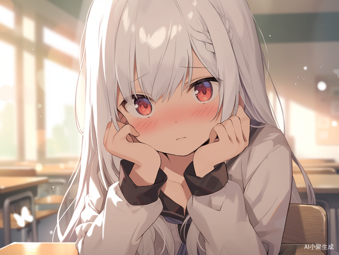 白发红瞳少女教室里的羞涩思考