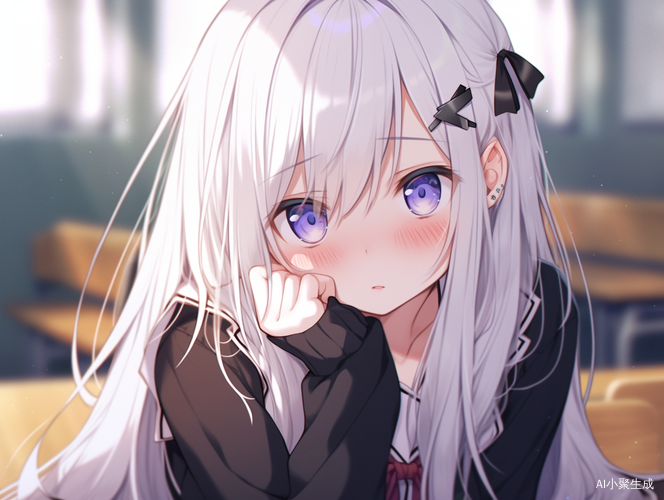 白发红瞳少女教室里的羞涩思考
