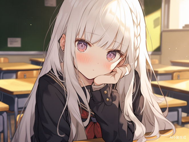白发红瞳少女教室里的羞涩思考