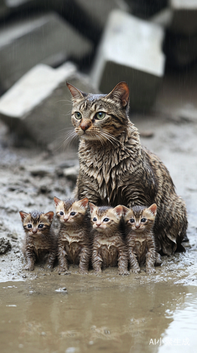 暴雨中泥水中的猫妈妈与六只湿漉漉的幼崽
