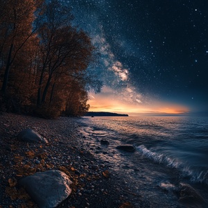 秋天大海星空摄影广角视角的美景