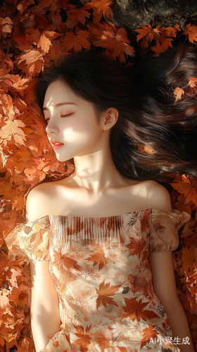 秋日傍晚的枫叶下绝美少女的静谧时光