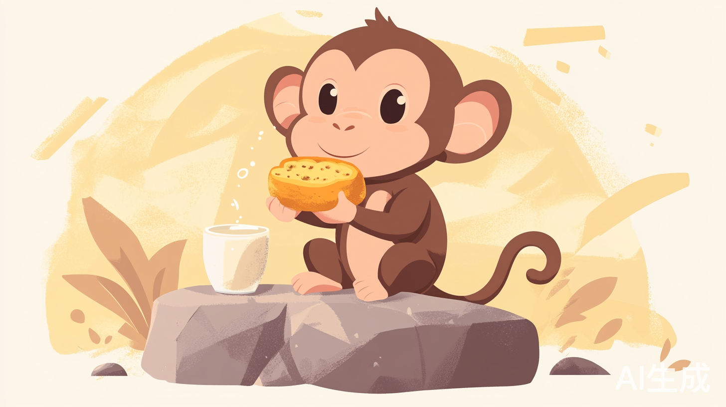 可愛小猴子坐石上吃面包喝牛奶