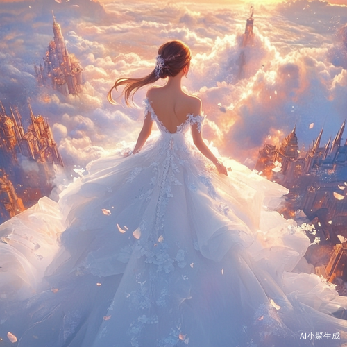 美丽公主婚纱在黄昏空中城堡中