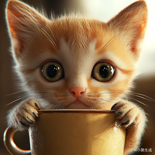 小猫咪杯中凝视眼神渴望的治愈风格3D动漫