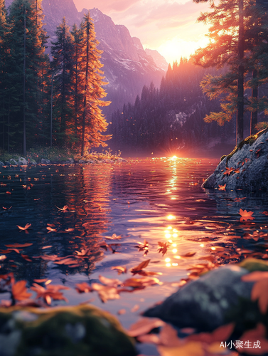 Dreamy Lake at Sunset with Golden Leaves and Misty Mountains