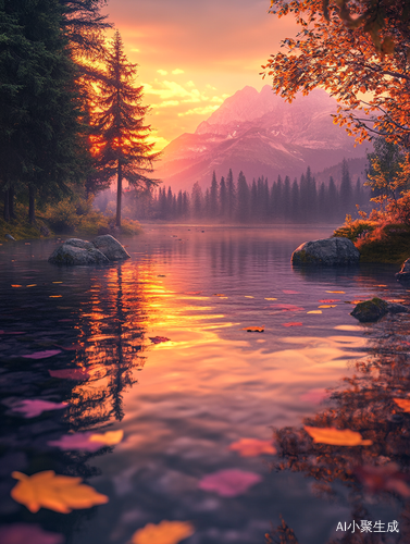 Dreamy Lake at Sunset with Golden Leaves and Misty Mountains