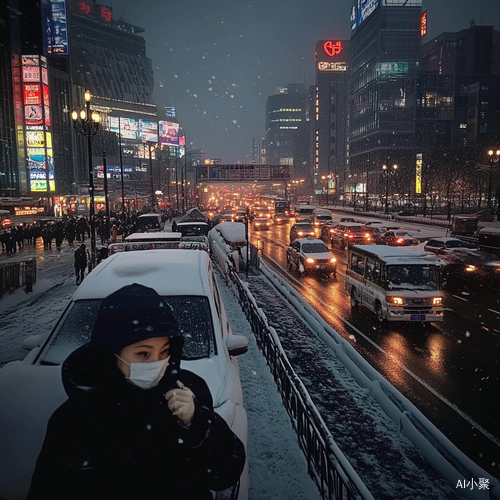 孤独旅人在繁华城市中的雪景漫步