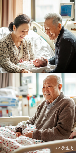 医院病床上幸福母亲与欢笑爷爷的温馨时刻